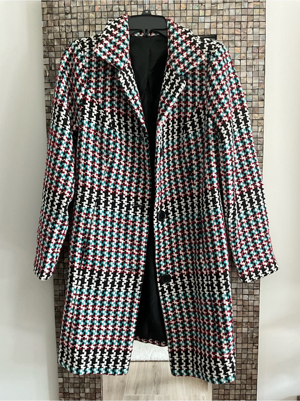 VENUS Black, White, Teal & Pink Houndstooth Pea Coat